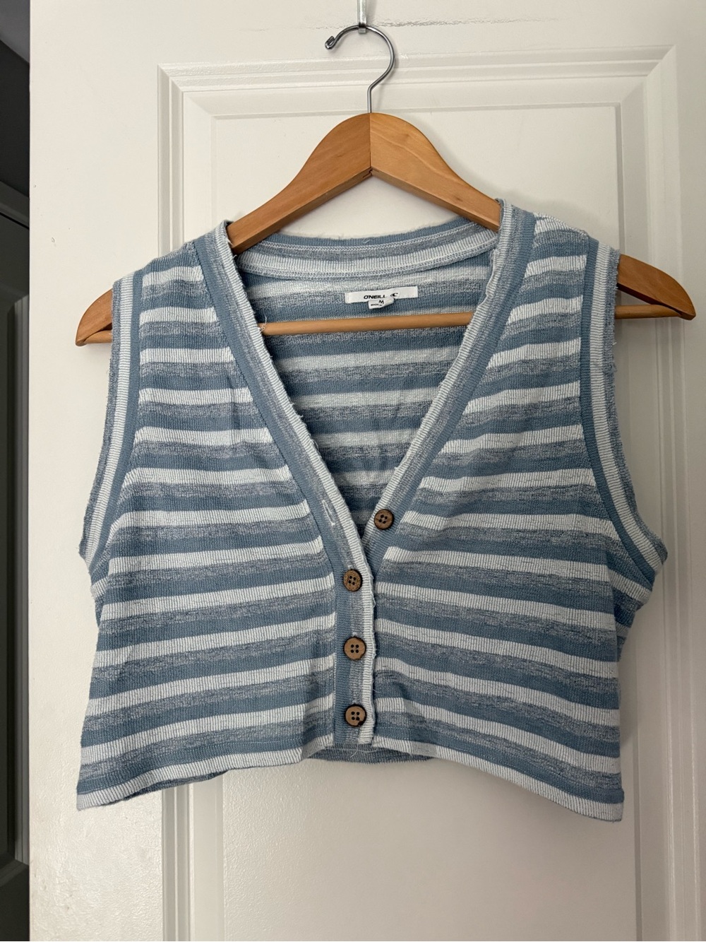 O'Neill Light Blue and White Striped Knit Top Button Up Sleeveless Vest